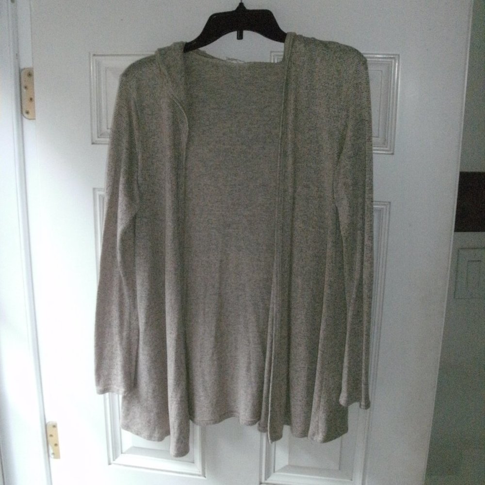 Caution to the Wind Open Front Hooded Cardigan Heather Beige & Gray size M
